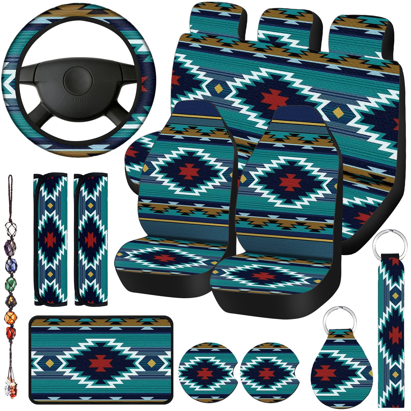 Photo 1 of Riakrum 15 Pcs Blue Aztec Print Car Seat Covers Full Set for Men Women Rubber Steering Wheel Cover Armrest Cover Seatbelt Covers Polyester Fabric Front Seat Rear Backrest Cover Bottom Cover Universal