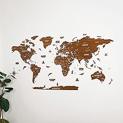 Multilayered 3D Wooden World Map, Travel Map with