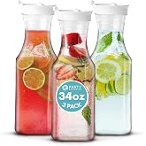 PARTY BARGAINS 34 oz Square Plastic Carafe with White Flip-Tab Lid, Clear &ndash; 3 Pack Heavy-Duty Spill-Resistant Pitchers for Iced Tea, Juice, Cold Beverages, Powdered Drinks, Mimosa Bar