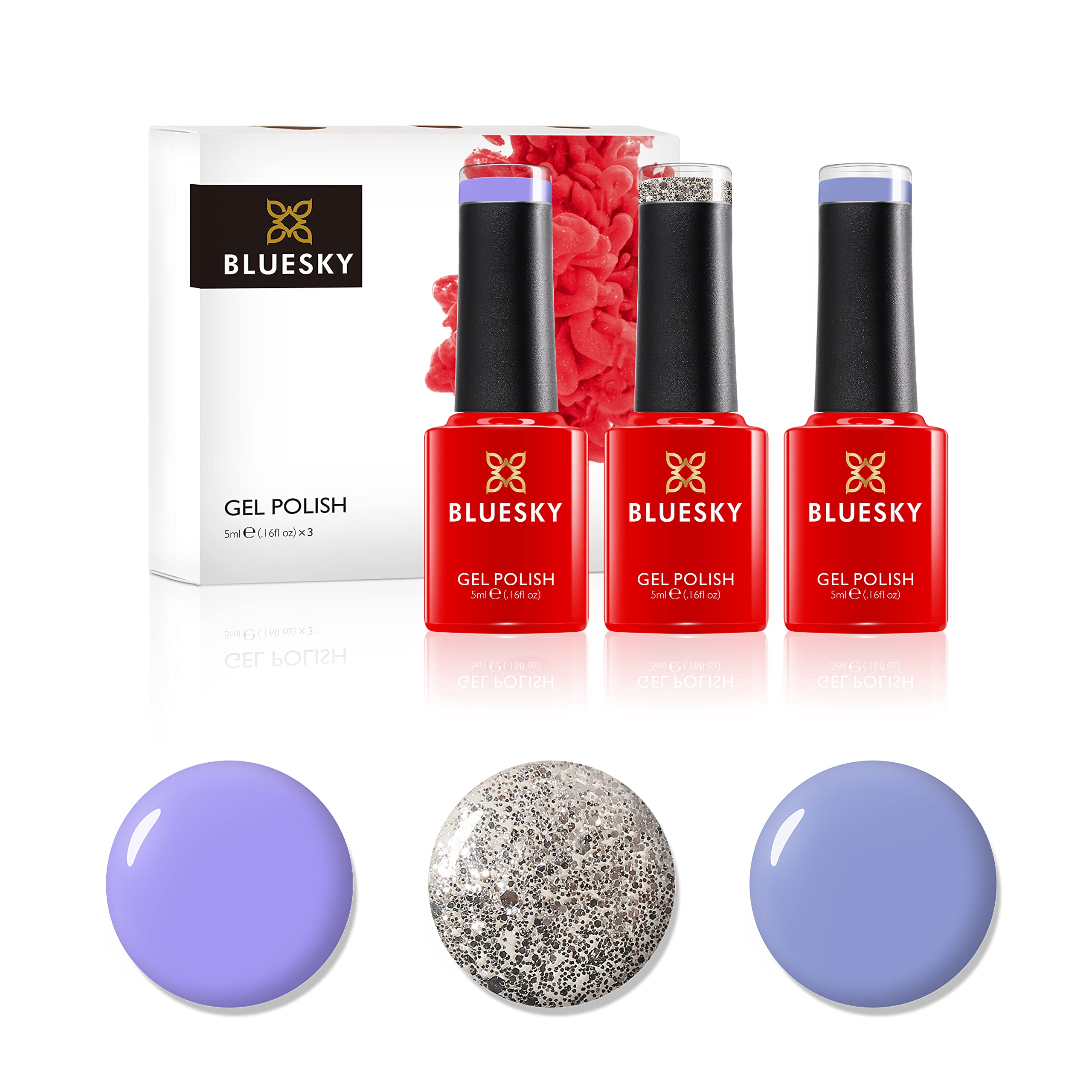 Bluesky Gel Nail Polish Set, Glass Slipper, Serenity KA1463, Wisteria Haze 80599, Aurora KS1050, 3 x 5 ml, Silver Glitter, Blue, Purple, Pastel (Requires Curing Under UV or LED Lamp)