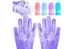 VIWIK Dog Bath Gloves with 4Pack Dog Toothbrush, Dog Grooming Kit, Dog Finger Toothbrush for Small Breed, Medium Large Dogs, Silicone Dog Washing Gloves with High-Density Teeth, Purple