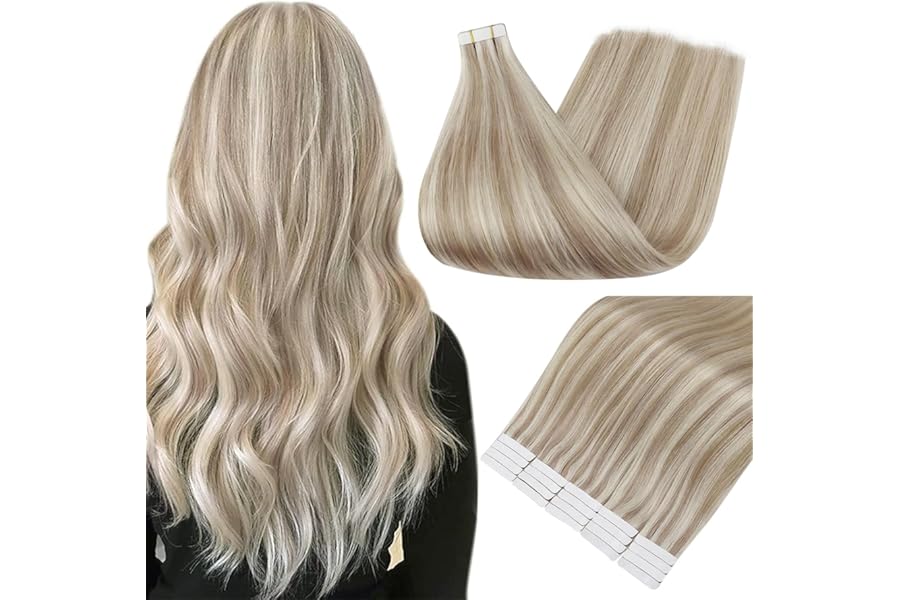 Full Shine Tape in Hair Extensions Human Hair 18 Inch Remy Human Hair Tape in Extensions Color 18/613 Ash Blonde Highlight with Platinum Blonde Invisible Hair Extensions Tape Ins 20Pcs 50Grams