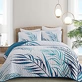 Goodidea Botanical Quilt Set King,3 Pieces Teal Blue Palms Tree Bedspread Reversible Lightweight Soft Microfiber Navy Bedding Set with 2 Pillowcases for All Season(King,104"x90")