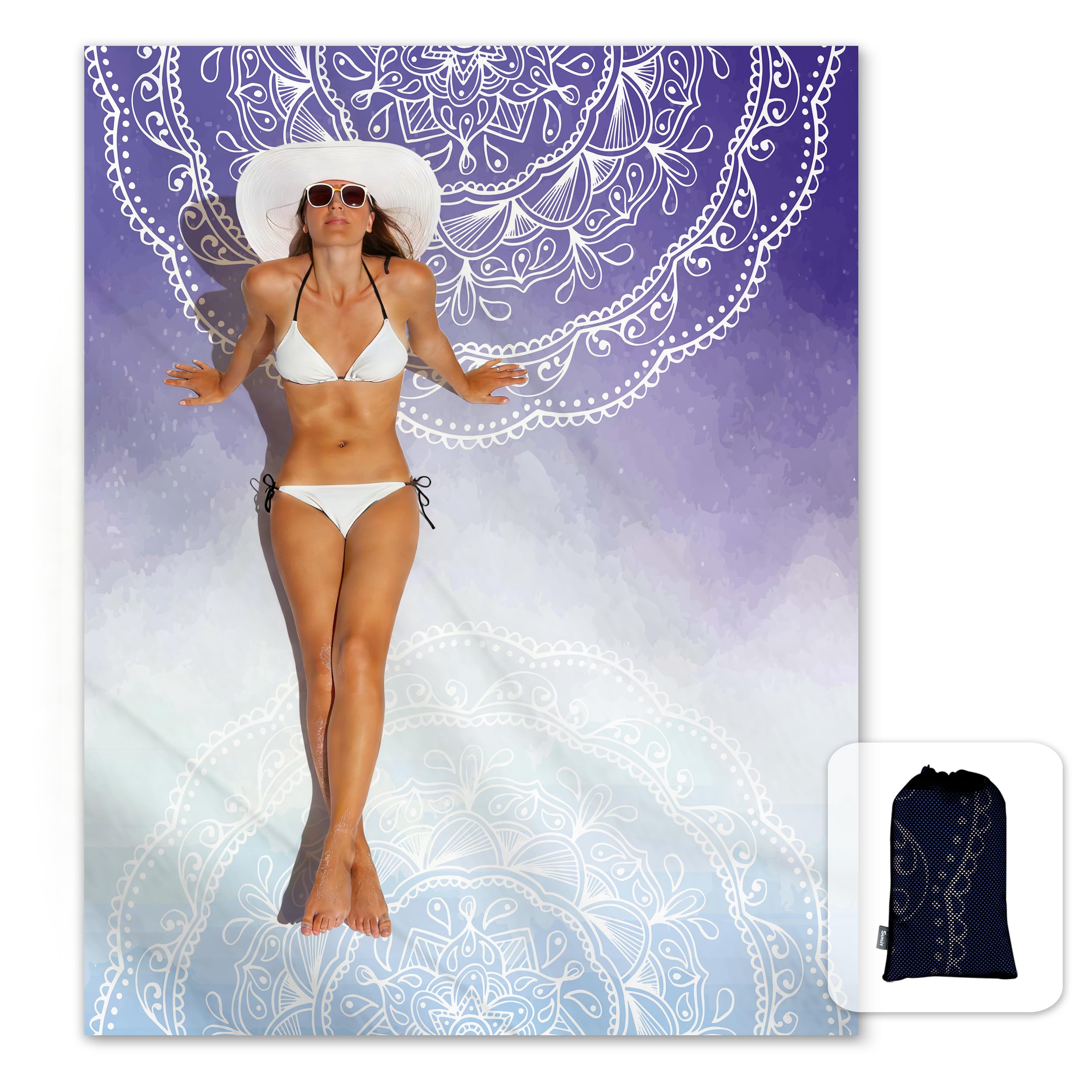 Sunlit Silky Soft 85"x72" Boho Sand Proof Beach Blanket Sand Proof Mat with Corner Pockets and Mesh Bag for Beach Party, Travel, Camping and Outdoor Music Festival, Blue Purple Mandala