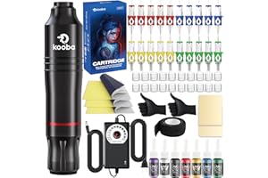 Tattoo Gun Kit Kooba Complete Tattoo Machine Set with Professional Rotary Tattoo Pen Regulator Power and 20Pcs Cartridges Needles 7 Kinds of Tattoo Ink Supplies for Beginners Tattoo Artists (Black)
