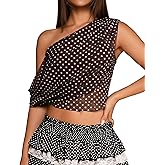 KIGRAD Women Y2k Polka Dot Layered Mesh Asymmetrical Crop Tank Tops Ruched Off One Shoulder Sexy Shirts Party Outfits