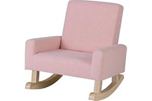 FIREFLOWERY Toddler Rocking Chair, Kids Sofa Chair with Solid Wooden Frame and Linen Fabric, Kids Rocking Chair for Nursery, Living Room, Bedroom, Playroom, Age 3-5 Years, Pink/Blue