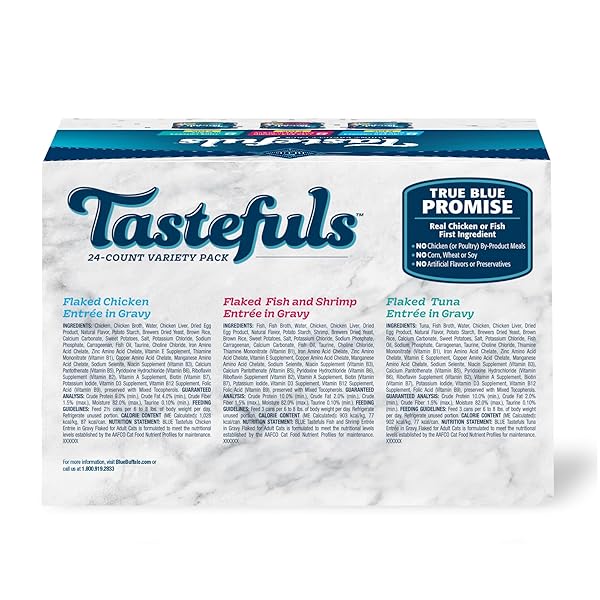 BLUE BUFFALO TASTEFULS NATURAL FLAKED WET CAT FOOD VARIETY PACK, TUNA, CHICKEN AND FISH & SHRIMP ENTRÉES IN GRAVY 3-OZ CANS (24 COUNT)