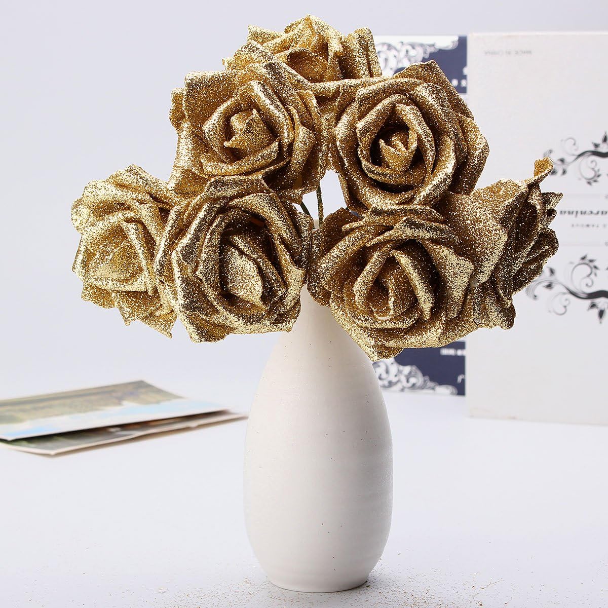 Tutoy 7Pcs Artificial Bouquet Glitter Foam Artificial Flowers Wedding Bridal Party Decor DIY Rose - Silver - Image 4