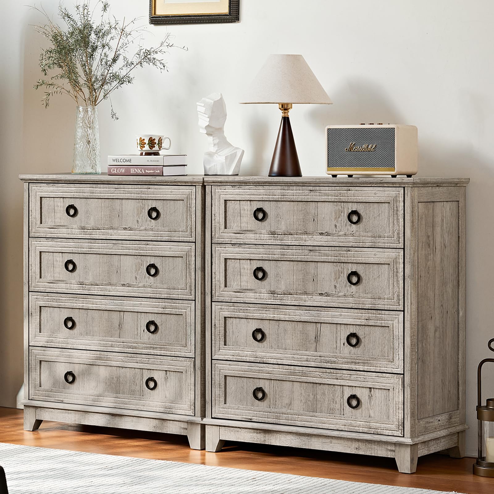 Joaxswe Farmhouse 4 Drawer Dresser for Bedroom Set of 2, 35" Tall Small Dressers & Chest of Drawers, Rustic Wood Dresser with Metal Handle, Storage Organizer Closet for Living Room, Hallway, Entryway