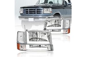 Fullux LED DRL Headlights Compatible with 1992-1996 Ford F150 F250 F350 & Ford Bronco Replacement Headlamp Amber Reflector Chrome Housing