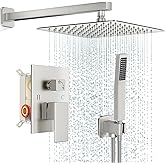 FPXRNG Shower Faucet Set Bathroom Square Rain Shower Head and Handle Set, Wall Mounted Shower Fixtures, Full Metal Trim Repair Kit 10 inch Brushed Nickel (With Shower Valve)