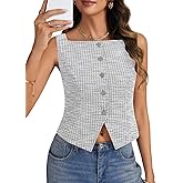 LYANER Women's Square Neck Sleeveless Button Down Knit Slit Slim Fit Going Out Crop Tank Top