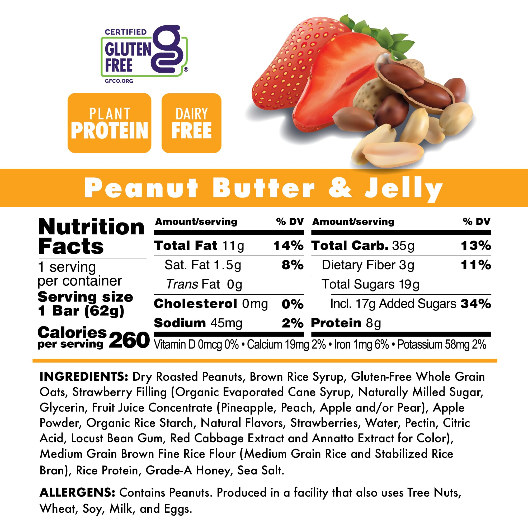 Bonk Breaker Real Food Energy Bar Gluten-Free, 8g Protein, Peanut Butter and Jelly Flavor, 62g Bar (12 Pack)