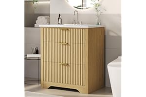 Garvee Fluted Bathroom Vanity with Sink, Farmhouse Freestanding Bathroom Sink Cabinet with 2 Drawers & 1 Flip-Down Drawer, Ea