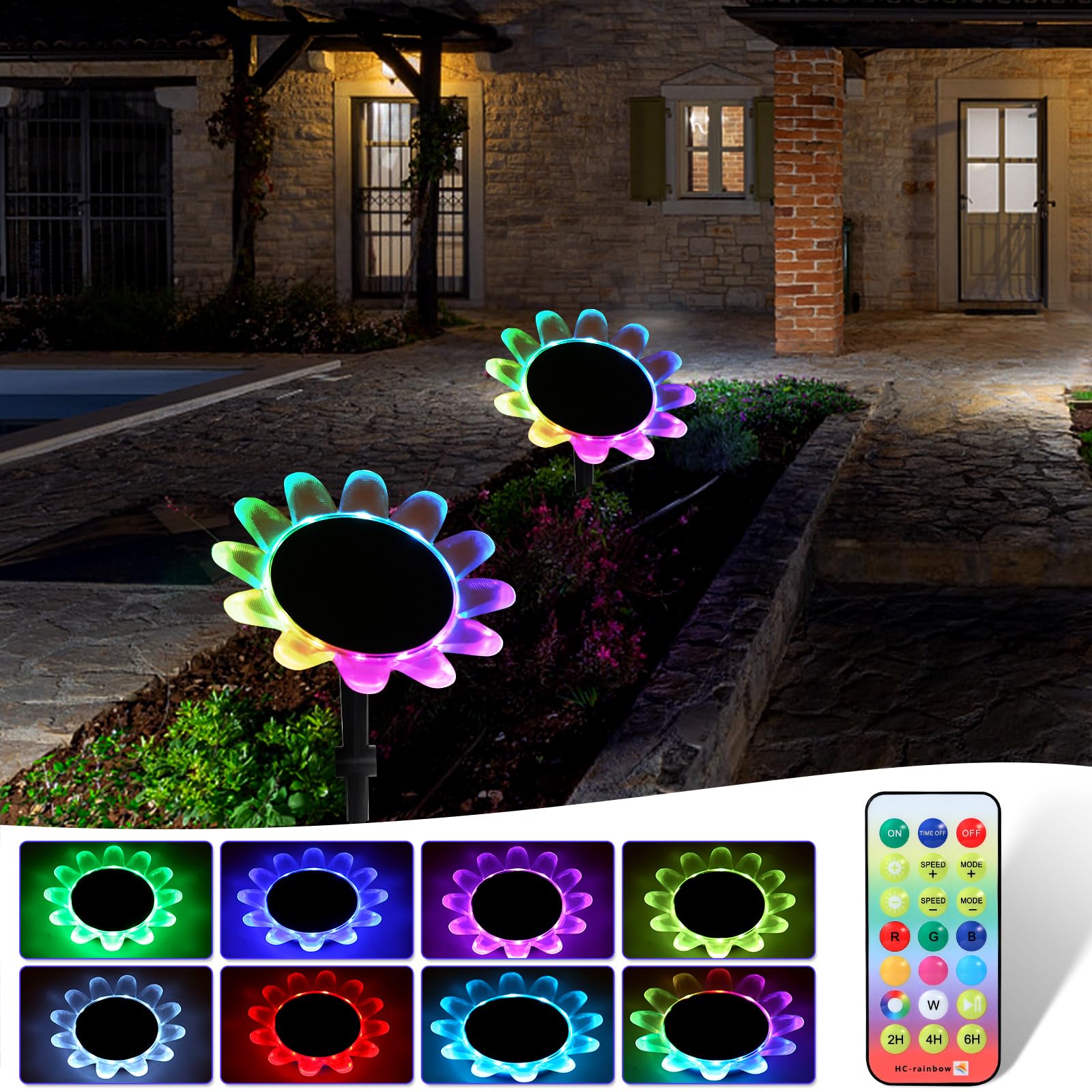 AGM Flower Solar Lights Outdoor Garden, 2-in-1 Solar Pathway Lighting & Swimming Pool Pond Lights, IP68 Waterproof, 8 Lighting Modes, Remote Control, Set of 2
