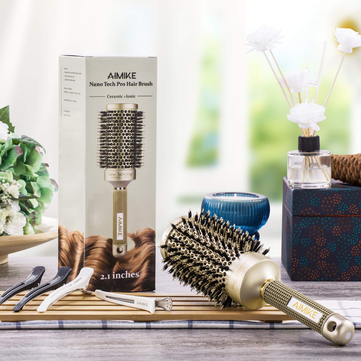 Round Brush, Nano Thermal Ceramic & Ionic Tech Hair Brush, Round Barrel Brush with Boar Bristles, Enhance Texture for Hair Drying, Styling, Curling and Shine (Barrel 2.1 inch) + 4 Free Clips by Aimike : Beauty