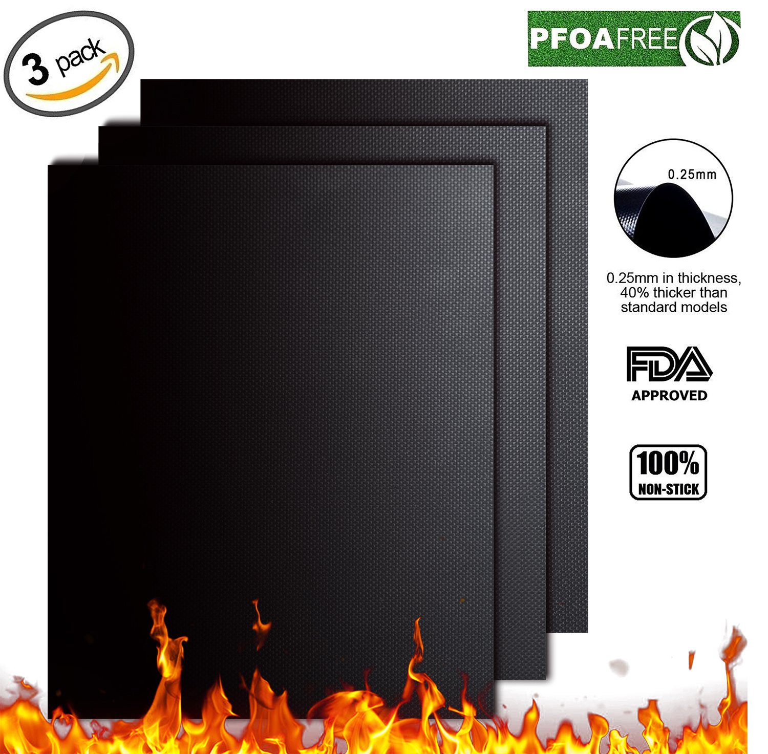 Grill Mat-100% Non-stick BBQ Grill Mats,FDA approved and PFOA Free,Works Perfect on Gas,Charcoal, Electric Grill and More - 15.75 x 13 Inches-3pcs one pack