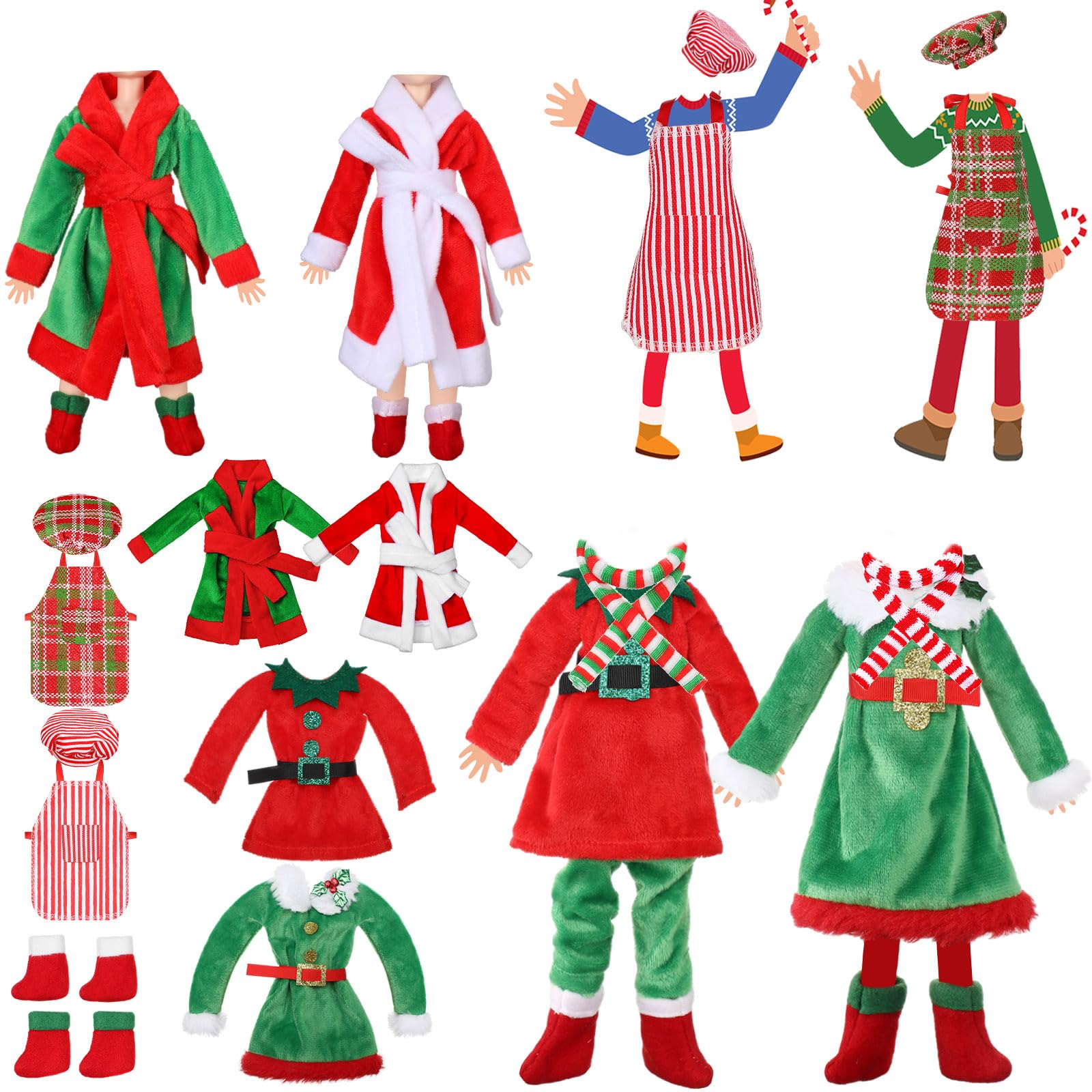 Photo 1 of Jenaai 12 Pieces Christmas Accessories Set Clothes Mini Outfit Include Skirt Fluffy Vest Bathrobe Swing Sleeping Bag Scarf Apron Hats Socks(Classic Style)