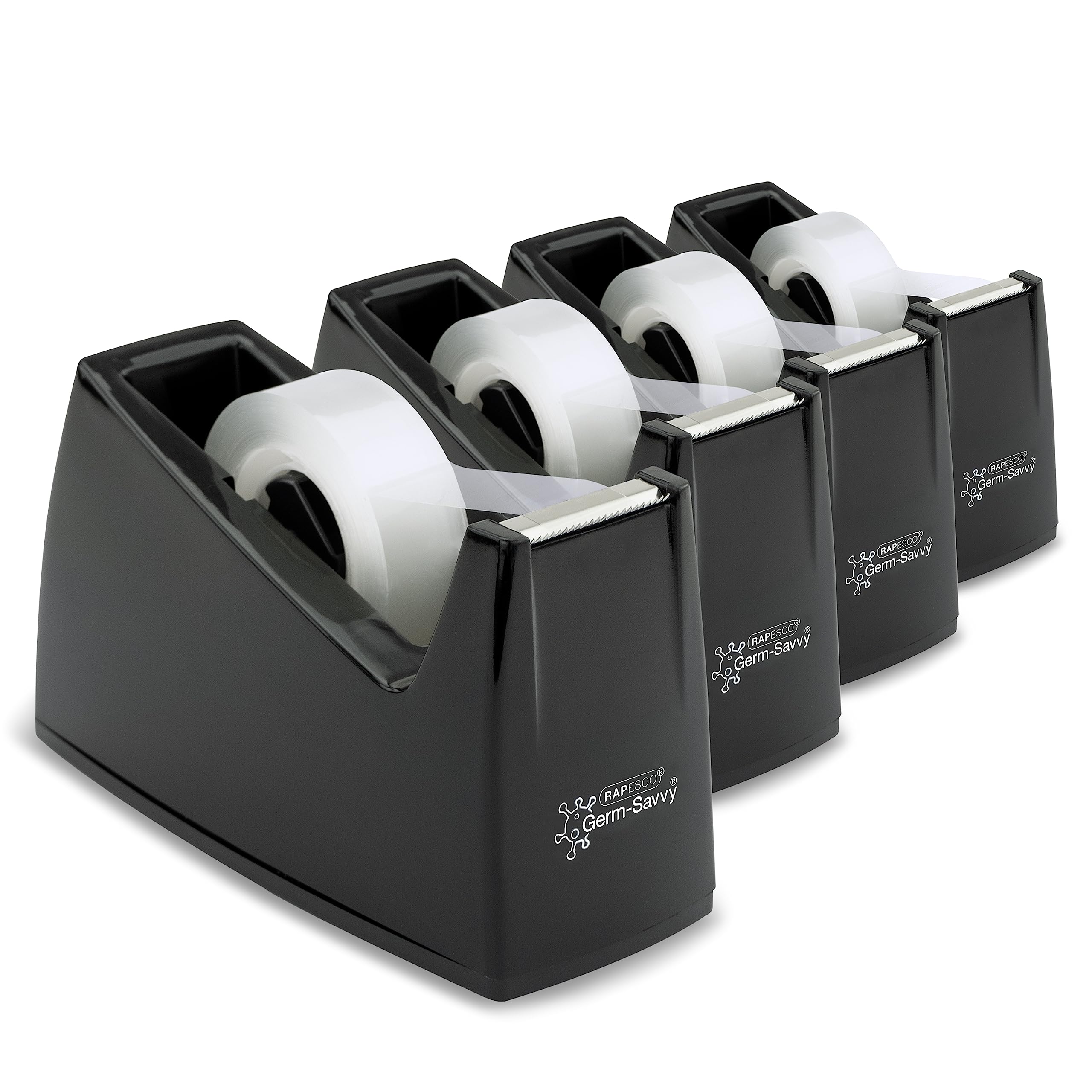 Rapesco 1741 Business Pack: 4 Tape Dispensers 300 and 4 Clear Tape Rolls, Black