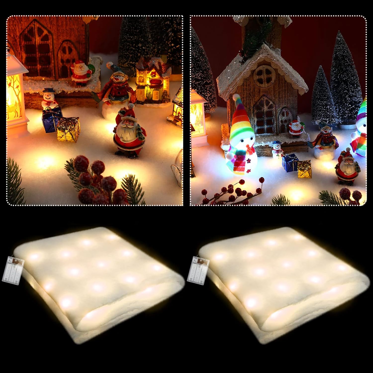 Artificial Snow - 2 Pcs Christmas Snow Blanket with LED Lights Lighted Snow Table Runner Christmas Table Runner Fake Snow Decoration Illuminated Blanket of Artificial Snow 59 x 16 Inch for Village Display (Warm White)