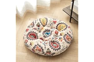 Getmo Resin Meditation Floor Pillow,Large Round Boho Floor Cushion, Mandala Bohemian Floor Pillows Cushion Seating for Yoga Living Room Balcony Office Outdoor Tatami,22x22 Inch,Flowers Beige