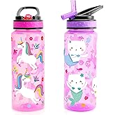 Home Tune 23oz Kids Water Drinking Bottle 2 Pack - BPA Free, Flip Straw Lid Cap, Lightweight, Carry Handle, Leak-Proof Water Bottle with Cute Design For Girls & Boys - Unicorn & Kitty Mermaid
