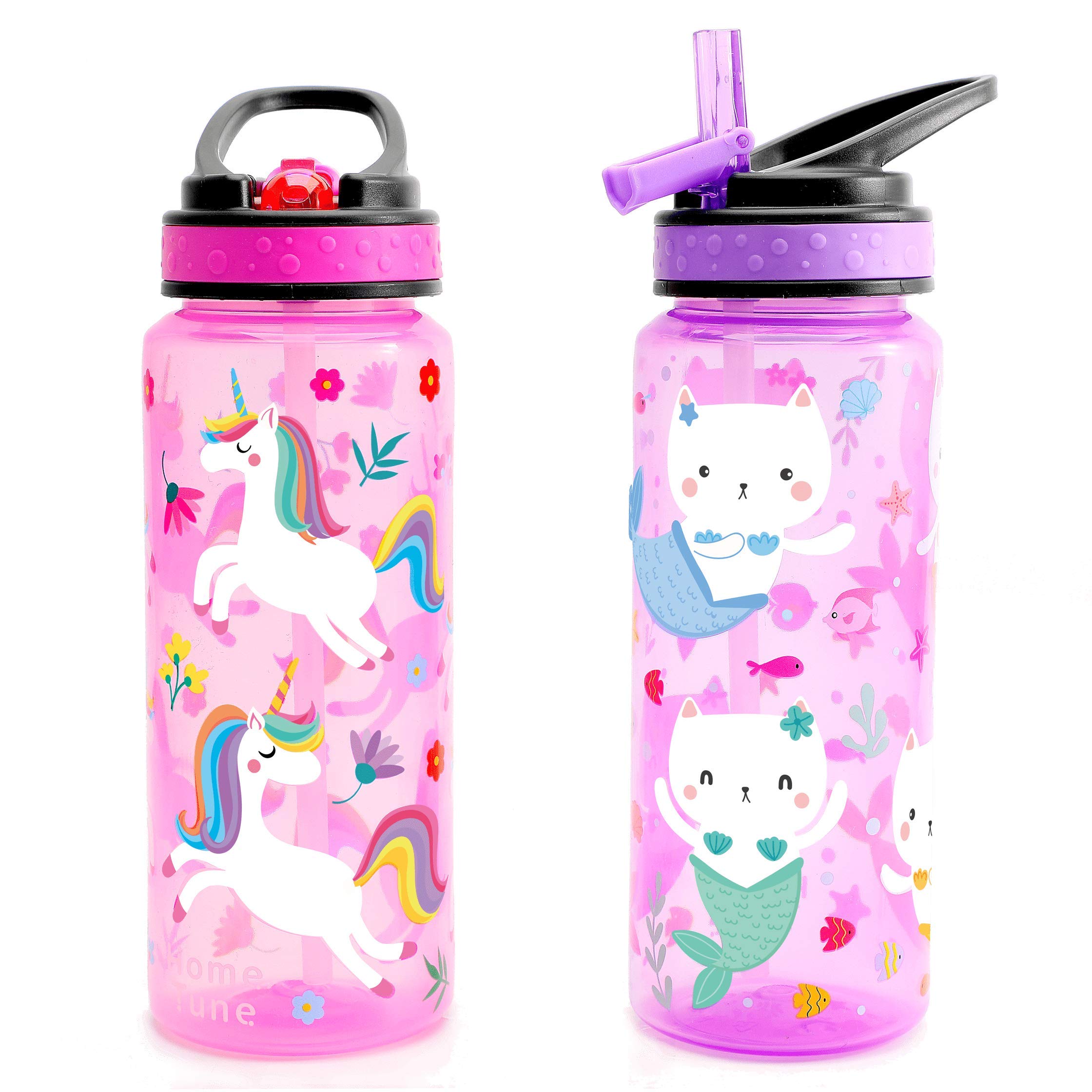Home Tune Kids Water Drinking Bottle (680ml) - BPA Free, Flip Straw Lid Cap, Lightweight, Carry Handle, Leak-Proof Water Bottle with Cute Design For Girls & Boys - 2 Pack Unicorn & Kitty Mermaid