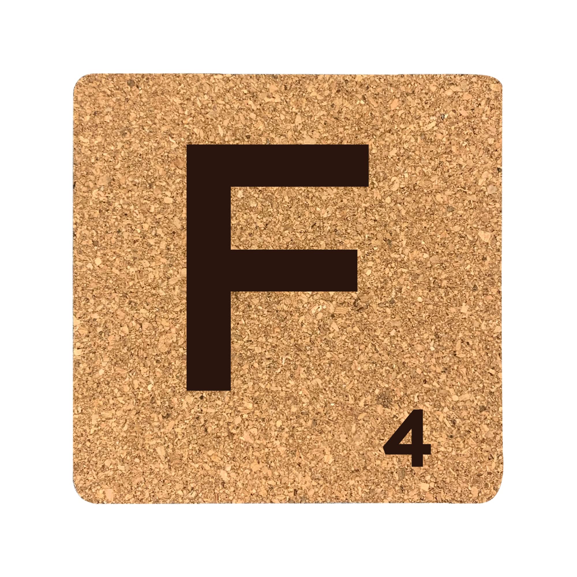 eBuyGB Scrabble Drinks Coasters, Square Cork Coaster, Individual Alphabet Letters, Scrabble Tiles with Score Marks - Personalise Your Own Scrabble Words (F)