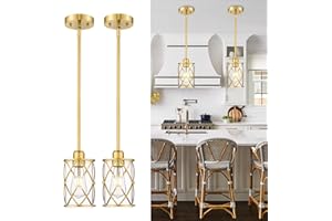 Osimir Brushed Gold Pendant Lights Kitchen Island, 2 Pack Brass Glass Pendant Light Fixture Farmhouse Cage Hanging Lighting with Rod for Kitchen Island Sink Bathroom, CH9176BG-2PKG