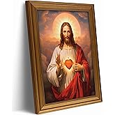 Vintage Gold Framed Jesus Wall Art Sacred Heart of Jesus Christian Canvas Prints Divine Mercy Picture Christ God Portrait Religious Beliefs Painting Poster Artwork for Living Room Bedroom Church