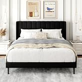 Gruwans Queen Size Bed Frame with Upholstered Wingback Headboard, Easy Assemnly Platform Bed, Wooden Slat Support No Box Spring Needed, Black Velvet