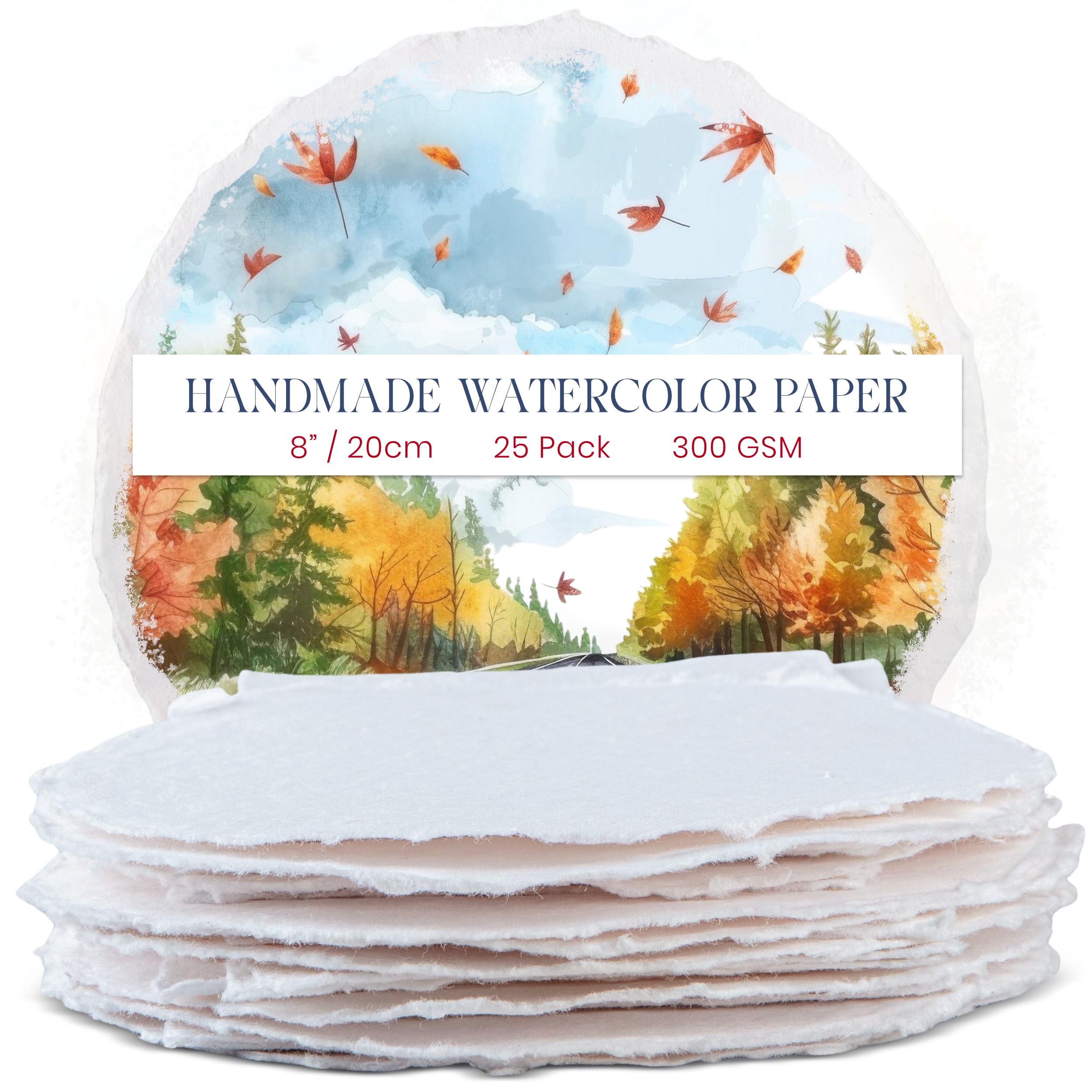 Wanderings Thick Handmade Round Watercolor Paper with Deckle Edge - 300GSM - 20 cm Round Premium White Cold Press Textured Mixed Media Paper Made with Recycled Cotton - 15 Loose Leaf Sheets