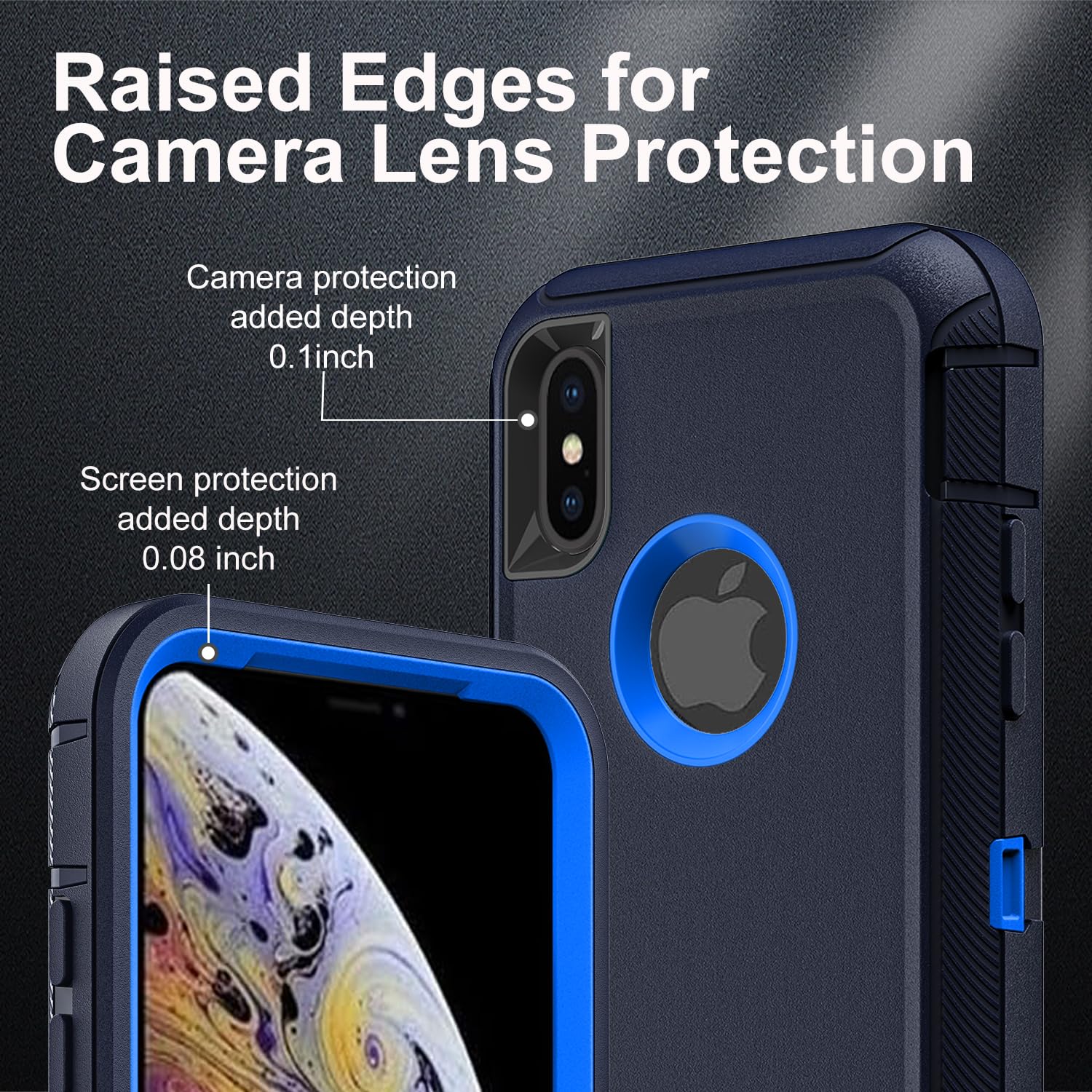 for iPhone X/iPhone Xs Case, Military Grade 3 in 1 Heavy Duty Shockproof/Drop Proof/Dust Proof Case with 2Pcs Tempered Glass Screen Protector (Navy Blue)