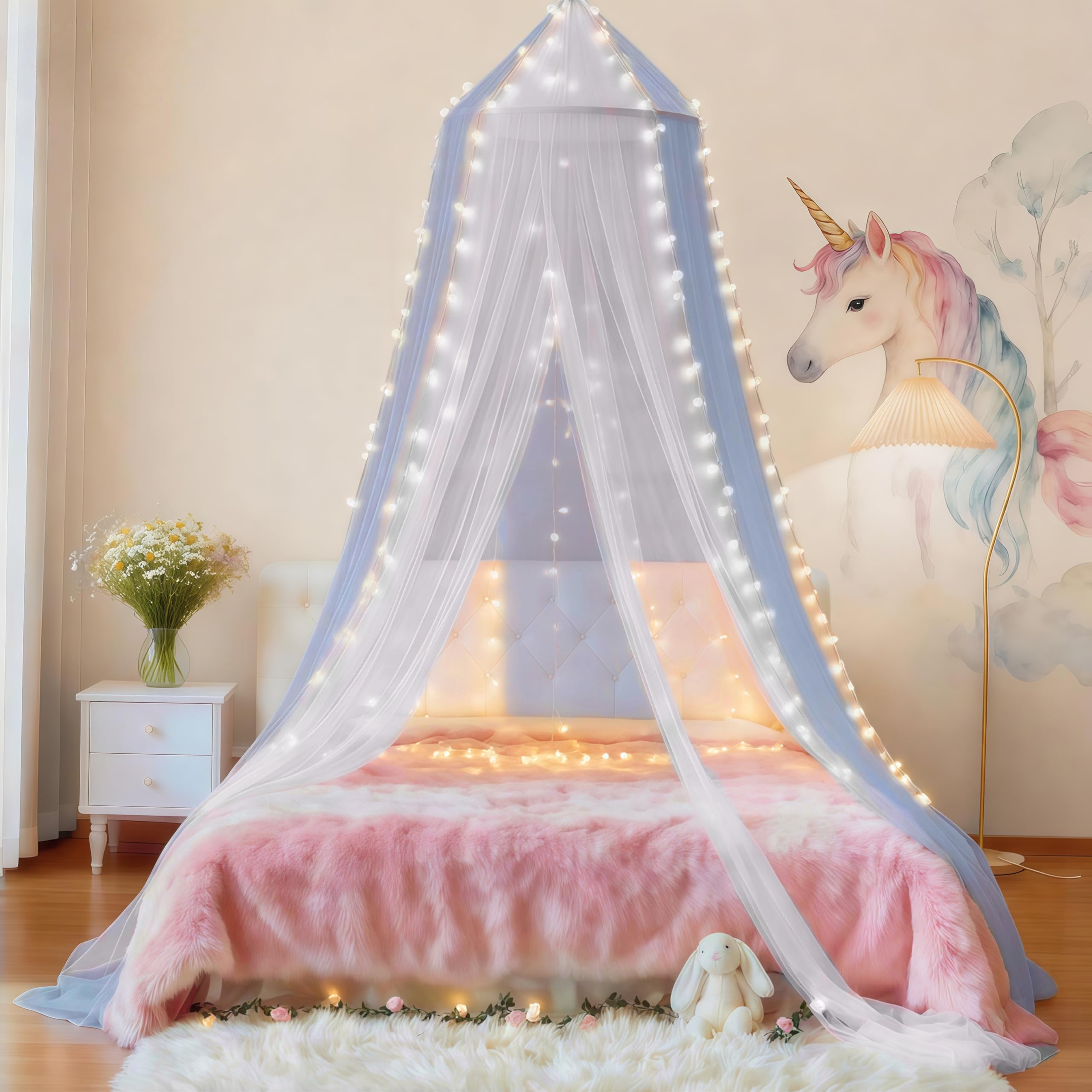 Eimilaly Two-tone Bed Canopy Mosquito Net White Blue with 250pcs Warm Lights, Bed Canopy for Girls Room Decor, Single Door
