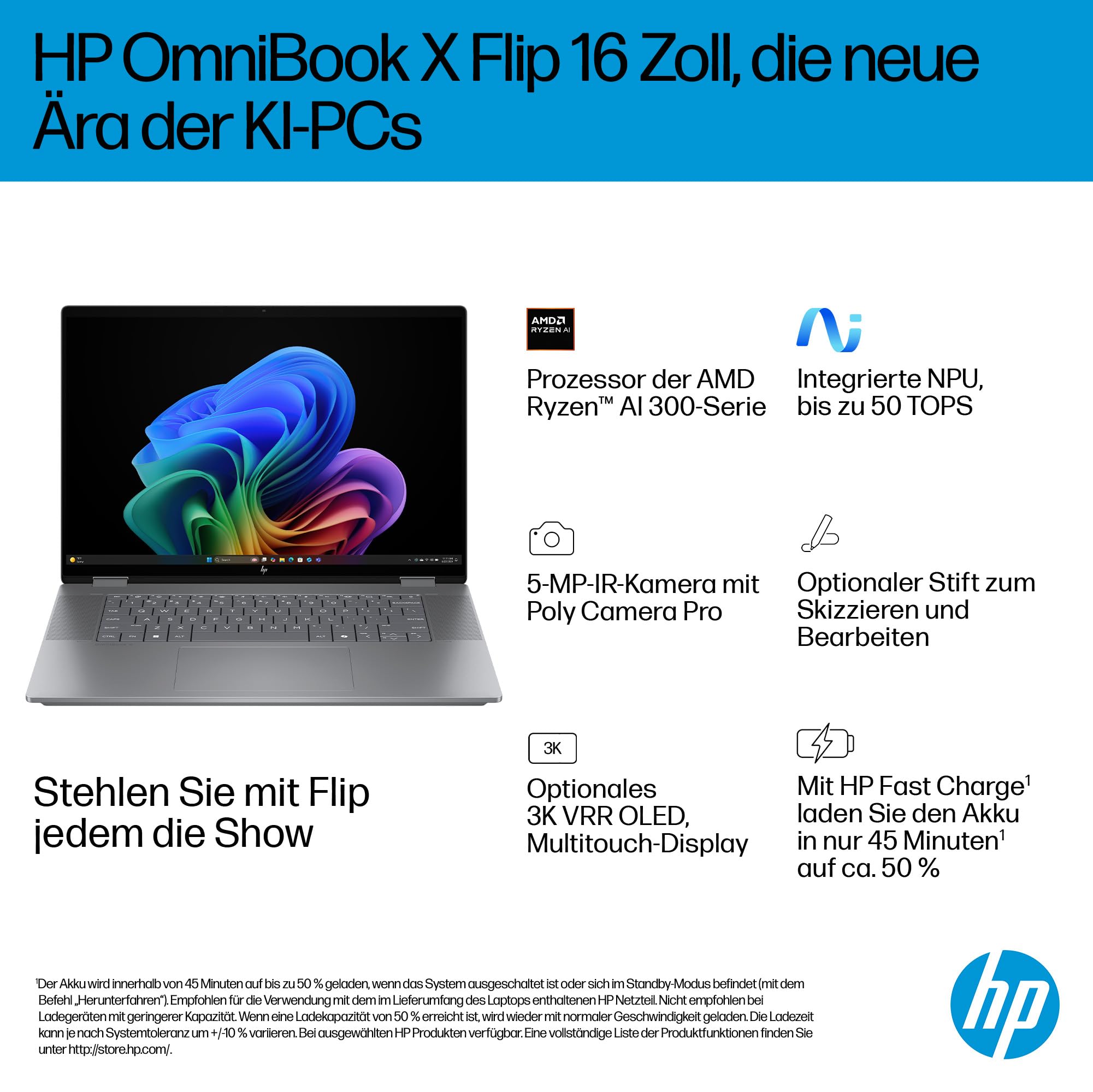 HP OmniBook X Flip 2in1 Next Gen AI Laptop | AMD Ryzen AI 5 340 (6C) | dedizierte NPU für KI | 50 NPU Tops | Copilot+ PC | 16" WUXGA 1920x1200 Touchscreen | 16GB | 512GB SSD | Win11 | QWERTZ | Silber 2