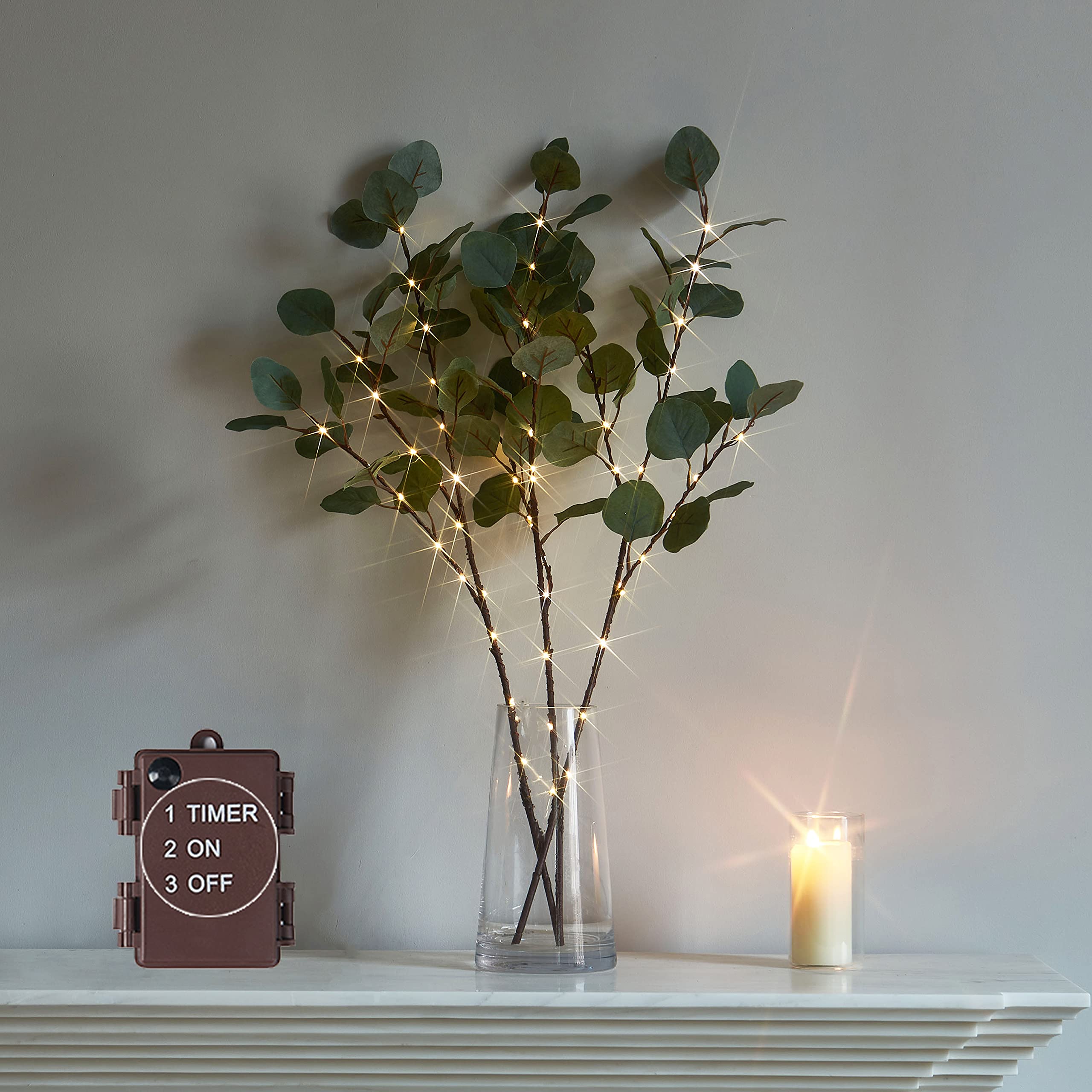 LITBLOOM Lighted Eucalyptus Branches 24IN 36 LED with Timer Battery Operated Lit Artificial Greenery for Wedding Party Home Spring Decoration Indoor Outdoor