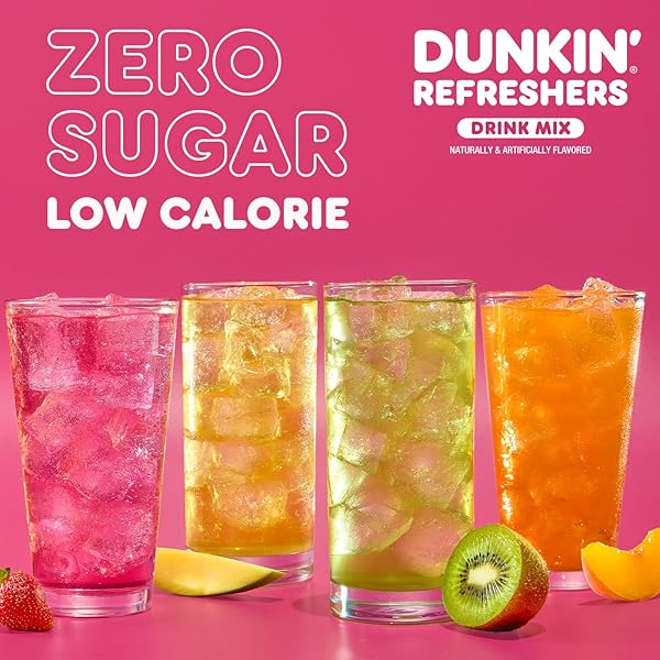 DUNKIN’ REFRESHERS SINGLES TO GO! ZERO SUGAR POWDERED DRINK MIX, 40 CT VARIETY PACK, ENERGY FROM GREEN TEA, ASPARTAME-FREE, NO SYNTHETIC COLORS, 40 SINGLE-SERVE PACKETS, JUST ADD WATER