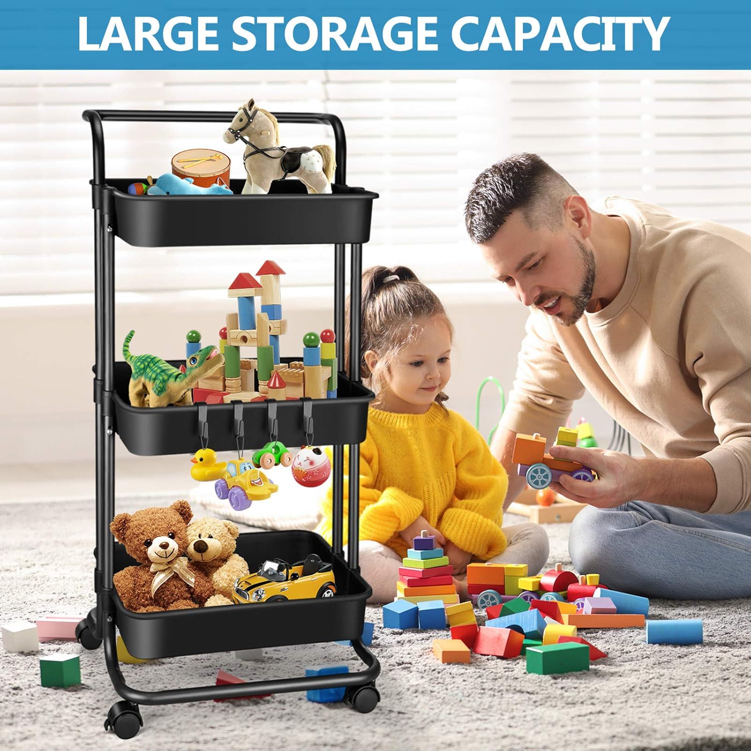 3 Tier Utility Rolling Cart - Organizer Cart Storage Cart Kitchen Cart Makeup Cart 3 Shelf Baby Tray Cart with Trolley Handles and Wheels Suitable for Bathroom Laundry Kids Room Bedroom Office (Black): Kitchen & Dining