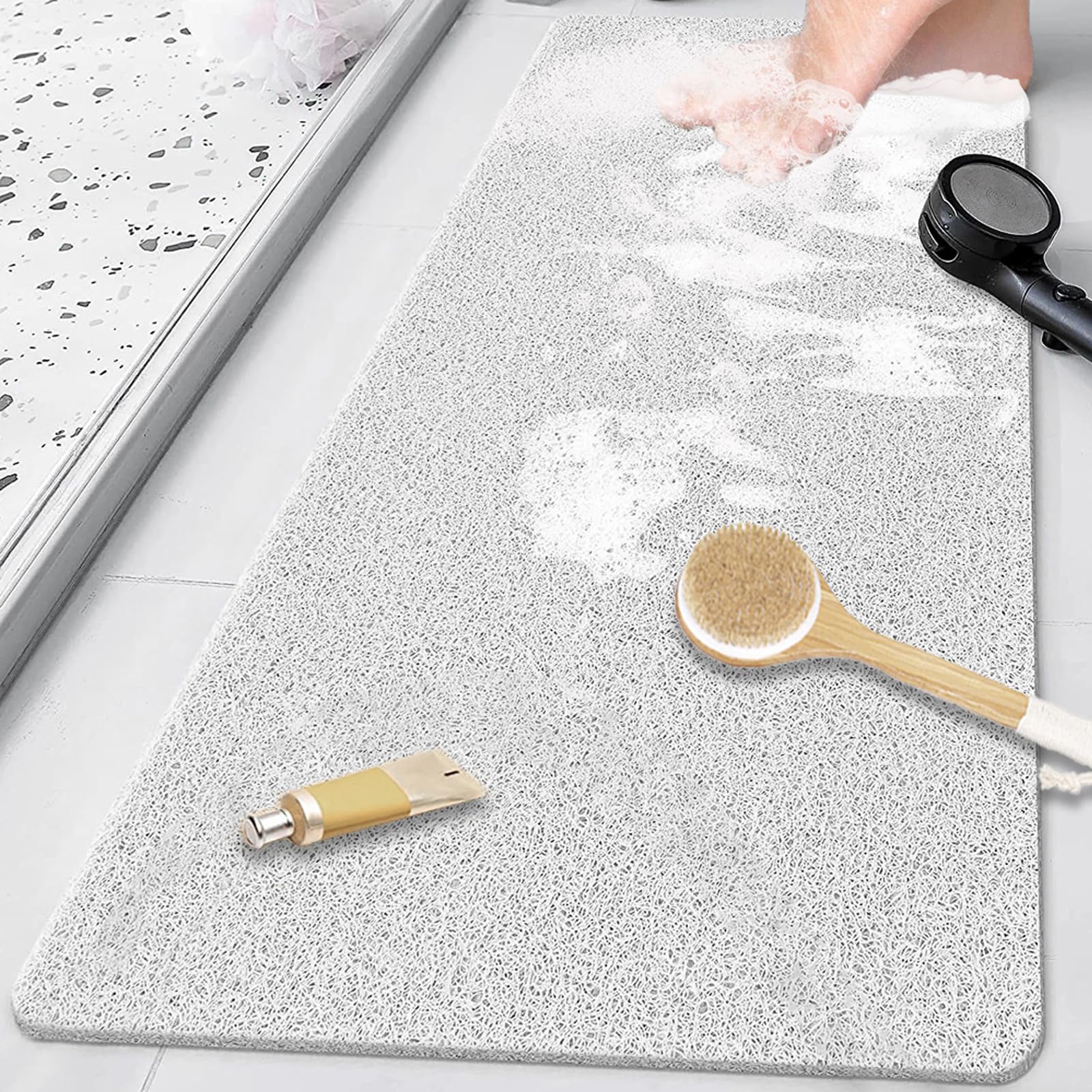 Shower Mat (80 x 40 cm), Non Slip Bath Mats for Inside Bath, Anti Mould Antibacterial PVC Loofah Shower Mat, Soft Comfort Bath Mat Massage Mat for Shower Stall, Quick Drying