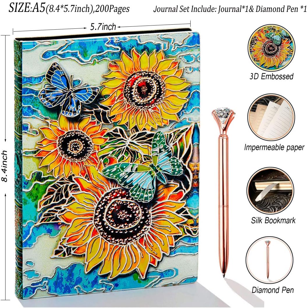 Sunflower Journal, Leather Writing Journal Notebook, A5 Lined Journal, 200Pages, Personal Diary-Antique Handmade Notepad Sketchbook, Travel Diary& Notebooks to Write in, Gift for Women&Gril (Multicolored) : Office Products