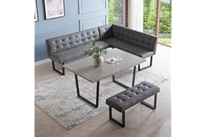 HIPIHOM 3 Piece Dining Table Set with Bench, 42.9 Inch Modern Kitchen Table with Left Seat Corner Bench and 43.3 Inch Bench for Family Dining Room Furniture