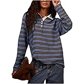 RoseSeek Women's Striped Button Down Tops Collared Long Sleeve T Shirts Preppy Fall Outfits