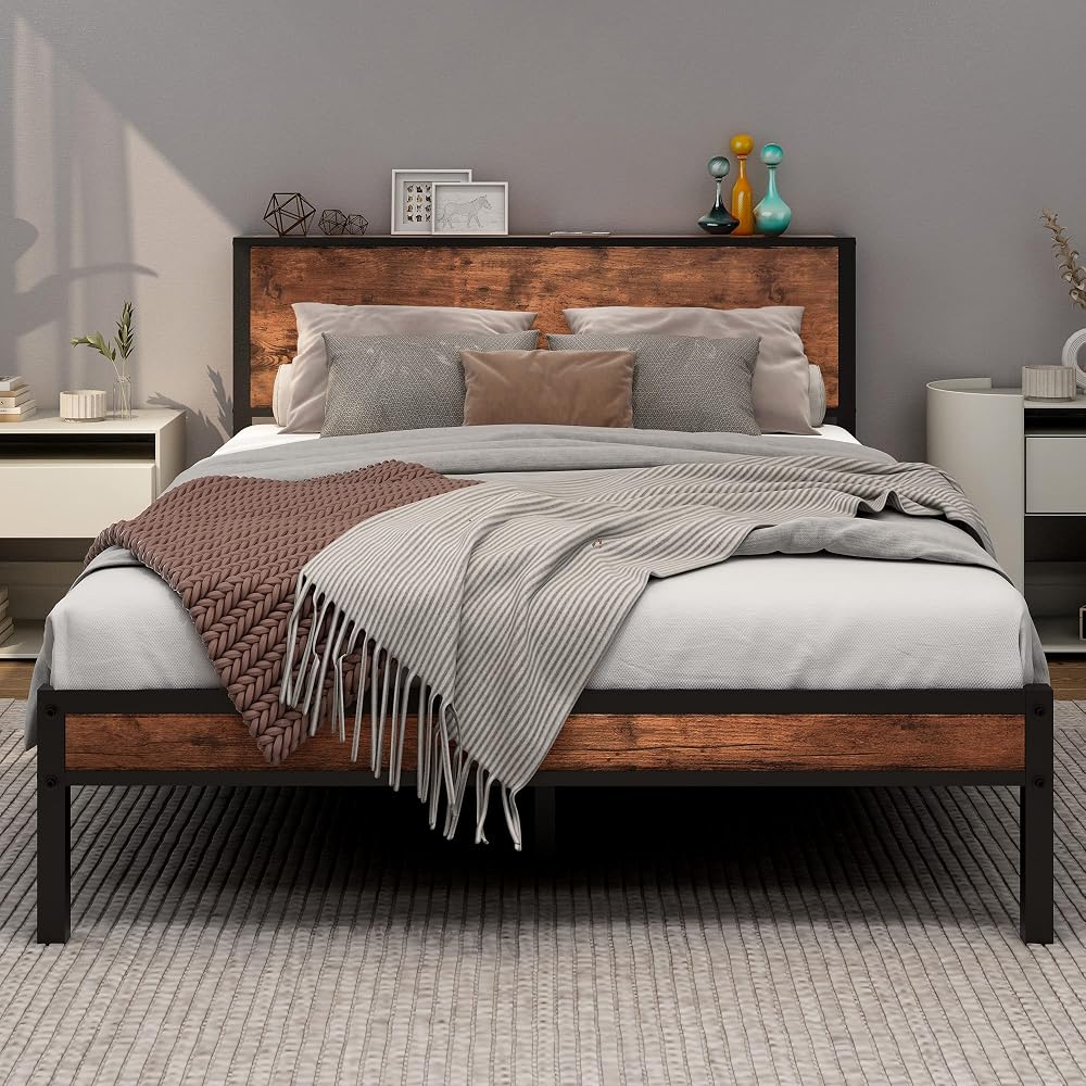 DUMEE Double Bed Frame with Storage Headboard, Metal Platform, 800lb