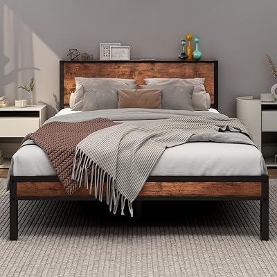 DUMEE Double Bed Frame with Storage Headboard, Metal Platform, 800lb