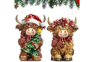 Burbell 2 Pack Christmas Highland Cow Decor Resin Highland Cow Figurine Christmas Cows Gnomes with Santa's Hat Scarf Resin Statue for Garden Table Shelf Home Decor Calf Gnome Herd Gifts