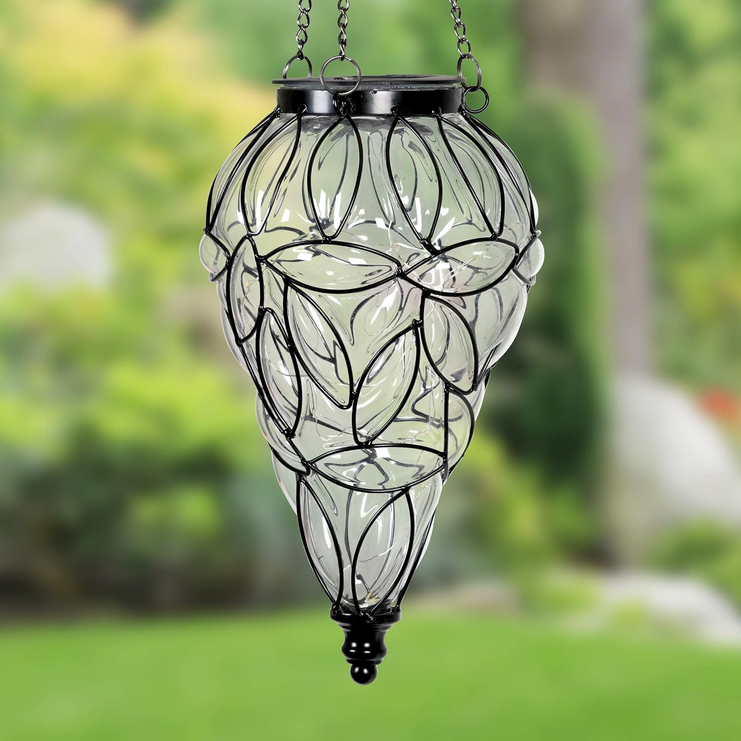 Exhart Clear Solar Lantern Teardrop Glass Ceiling Lantern Hangs in a