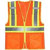 SULWZM High Visibility Reflective Safety Vest with Zipper and Pockets Orange,L