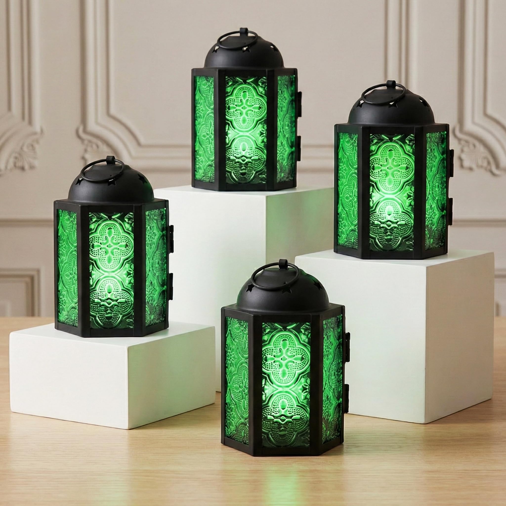 Vela Lanterns Mini Small 4.5 Inch Metal Moroccan Lantern Decorative Candle Tealight Holder for Centerpieces, Indoor Home Decor, Outdoor Patio, Weddings, Green, Set of 4