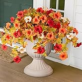 Ammyoo Artificial Fall Flowers Fake Petunias Plants for Outdoor Decoration, 2 Pcs Silk Faux Flowers UV Resistant No Fade Plants for Garden Balcony Yard Porch Realistic Indoor Decor (Orange White)